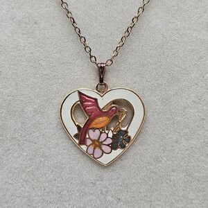VINTAGE Cloisonne Hummingbird Bird Flower Heart Pendant Gold Tone Necklace